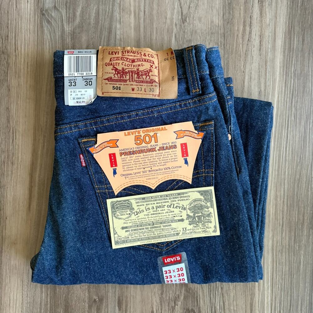 Vintage 1993 Deadstock Levis 501 Jeans 33x30 Made in USA 501-0000 Raw Denim